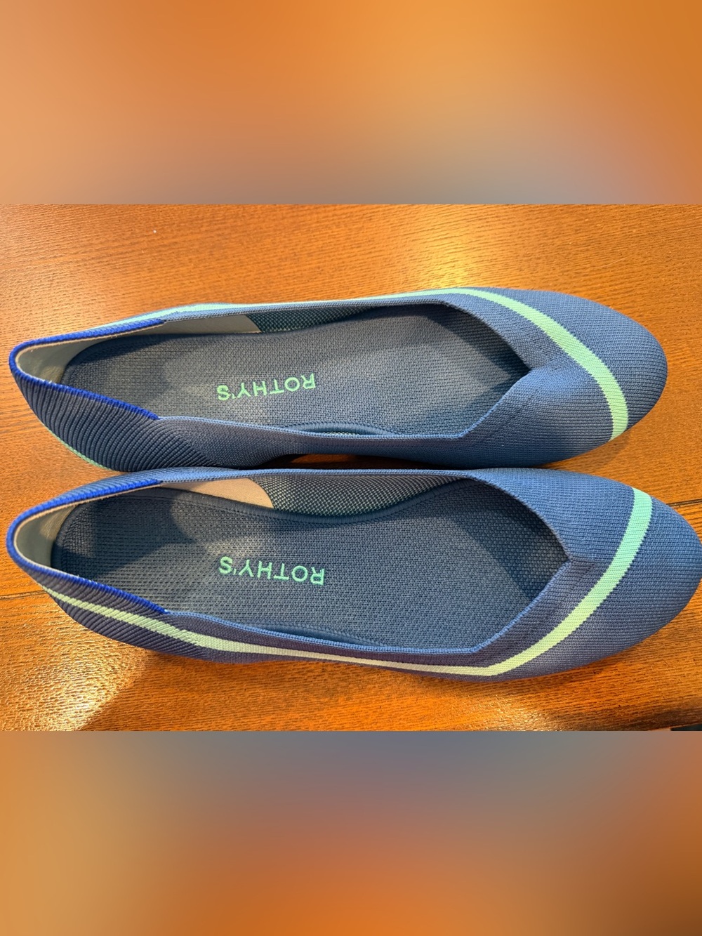 Rothy's blue Flats with Mint Stripe Accent